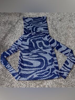 Honeybum Abstract Mesh Midi Dress in Navy Blue Swirl Sheer Overlay